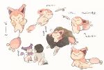  1boy :&lt; arrow_(symbol) brown_hair brown_shirt cat_teaser closed_eyes closed_mouth commentary_request delcatty gen_3_pokemon headpat holding holding_pokemon male_focus motion_blur nao_(naaa_195) on_lap pants pokemon pokemon_(creature) pokemon_on_lap shirt short_hair short_sleeves skitty socks t-shirt translation_request 