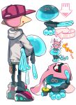  ..._(331608) 1boy arrow_(symbol) black_pants carrying carrying_against_hip carrying_overhead cup drinking falling from_behind full_body grey_hoodie holding holding_cup hood hoodie inkling jellyfish looking_at_another pants pink_footwear pink_hair pink_headwear pointy_ears red_eyes shaded_face shoes simple_background splatoon_(series) splatoon_2 squid white_background 