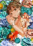  1girl absurdres bangs bare_arms brown_eyes brown_hair commentary_request dress fish highres looking_at_viewer lying on_side original parted_lips partially_submerged qooo003 sea_urchin solo telescope_goldfish upper_body water white_dress 