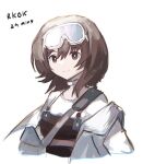  1girl arknights brown_eyes brown_hair choker cropped_torso eyebrows_visible_through_hair genieko goggles goggles_on_head jacket looking_at_viewer off_shoulder open_clothes open_jacket roberta_(arknights) shirt simple_background smile solo upper_body white_background white_choker white_jacket white_shirt 