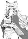  1girl animal_ear_fluff animal_ears arknights bead_necklace beads belt braid cloak commentary cowboy_shot dress eyebrows_visible_through_hair greyscale head_chain highres jewelry leopard_ears light_blush monochrome multiple_belts na_tarapisu153 necklace own_hands_together pramanix_(arknights) solo twin_braids 