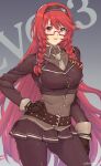 1girl belt breasts character_name evo_3_(girls_frontline) girls_frontline glasses gloves highres long_hair looking_at_viewer murata_tefu open_mouth pantyhose redhead simple_background skirt smile solo very_long_hair