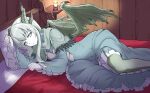  1girl bed candle dragon_girl dragon_horns horns long_hair looking_at_viewer lying okamura_(okamura086) on_side paarthurnax pale_skin pillow solo the_elder_scrolls the_elder_scrolls_v:_skyrim thigh-highs white_hair wings 