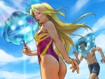  1boy 1girl ass blonde_hair blue_eyes brown_hair frozen grey_swimsuit highres long_hair male_swimwear metroid metroid_fusion one-piece_swimsuit popsicle_stick purple_swimsuit samus_aran stup-jam swim_trunks swimsuit tongue tongue_out two-tone_swimsuit x_parasite yellow_swimsuit 