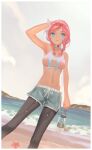  1girl arknights beach black_legwear blue_eyes blue_poison_(arknights) blue_poison_(shoal_beat)_(arknights) blue_shorts border bottle braid choker chromatic_aberration clouds cloudy_sky commentary dutch_angle ear_piercing eflilies english_commentary feet_out_of_frame hairband hand_on_head highres holding holding_bottle looking_at_viewer medium_hair navel o-ring o-ring_choker ocean official_alternate_costume open_mouth outdoors pants pants_under_shorts piercing pink_choker pink_hair sand scales shorts sky solo sports_bra standing starfish twin_braids twintails water_bottle wet white_border white_sports_bra yoga_pants 