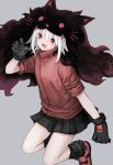  1girl absurdres bangs black_gloves black_skirt gloves grey_background hand_up highres huge_filesize looking_at_viewer medium_hair open_mouth original red_eyes red_footwear shinamida shoes short_sleeves simple_background skirt smile solo white_hair 