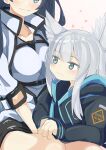  2girls absurdres animal_ear_fluff animal_ears arknights bangs black_hair blaze_(arknights) blush cat_ears cat_girl closed_mouth eyebrows_visible_through_hair green_eyes highres hood hood_down hooded_jacket jacket long_hair motsupu multiple_girls rosmontis_(arknights) silver_hair 