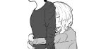  1boy 1girl bangs beni_shake closed_eyes eyebrows_visible_through_hair greyscale hug hug_from_behind long_sleeves monochrome original parted_lips shirt simple_background translation_request white_background 