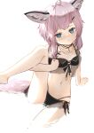  1girl ahoge animal_ears arknights bikini black_bikini blue_eyes blush brown_hair flat_chest fox_ears fox_girl fox_tail hair_ornament hairclip highres leg_up looking_at_viewer navel official_alternate_costume oripathy_lesion_(arknights) short_hair side-tie_bikini simple_background sitting solo stomach sussurro_(arknights) sussurro_(summer_flowers)_(arknights) swimsuit tail water white_background yunr 
