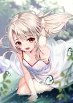  1girl arm_support bangs bare_arms blonde_hair blurry brown_eyes collarbone commentary_request day dress eyelashes fate/kaleid_liner_prisma_illya fate_(series) floating_hair hand_up highres illyasviel_von_einzbern leaf long_hair looking_at_viewer open_mouth outdoors shiny shiny_hair smile solo tongue upper_teeth water water_drop wet wet_clothes wet_dress white_dress yan_(nicknikg) 