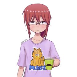  1girl absurdres coffee coffee_mug commentary_request cup eyebrows_visible_through_hair garfield glasses highres holding kanpaithighs kobayashi-san_chi_no_maidragon kobayashi_(maidragon) looking_at_viewer medium_hair mug redhead shirt short_hair solo 