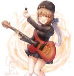  1girl black_shirt black_skirt brown_eyes brown_hair dated electric_guitar guitar highres instrument kantai_collection ld_(luna_dial398) papakha shirt signature skirt smile star_ornament tashkent_(kancolle) twintails 