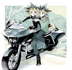  2boys black_footwear black_hair blonde_hair boots closed_mouth commentary_request fujiharu_(akamine) grey_eyes ground_vehicle highres holding holding_map jacket long_sleeves male_focus map motor_vehicle motorcycle multiple_boys mutou_yuugi pants pointing sitting spiky_hair yami_yuugi yu-gi-oh! yu-gi-oh!_duel_monsters 