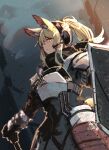  1girl animal_ears arknights armor axe bangs bannnouyakunta blonde_hair closed_mouth hair_between_eyes headphones highres holding holding_axe holding_shield holding_weapon horse_ears horse_girl horse_tail long_hair nearl_(arknights) outdoors ponytail shield smoke solo tail weapon yellow_eyes 