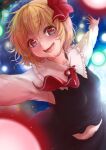  1girl absurdres ascot black_skirt black_vest blonde_hair blush collared_shirt danmaku eyebrows_visible_through_hair fangs hair_between_eyes hair_ribbon highres long_sleeves open_mouth outstretched_arms red_eyes red_neckwear red_ribbon ribbon rumia shirt short_hair skirt solo spread_arms touhou vest white_shirt yamataka 