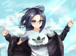  1girl absurdres adidas artist_name black_hair black_jacket blue_sky breasts character_name clouds cloudy_sky day glasses grey_eyes highres indie_virtual_youtuber jacket kson light_smile lips long_hair looking_at_viewer marsel_arts medium_breasts off_shoulder open_clothes open_jacket outdoors shirt sky solo t-shirt upper_body virtual_youtuber w_arms wind 