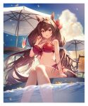  1girl :o animal_ears bikini blue_sky bow breasts brown_hair clouds commentary cup daiwa_scarlet_(umamusume) day drink drinking_glass drinking_straw hair_bow highres horse_ears horse_girl horse_tail large_breasts long_hair looking_at_viewer low_twintails navel official_alternate_costume parasol partially_submerged petals pool red_bikini red_bow red_eyes sitting sky solo swimsuit tail tsunakawa twintails twitter_username umamusume umbrella very_long_hair water 
