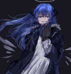  1girl arknights black_background black_coat black_gloves blue_eyes blue_hair coat commentary demon_horns energy_wings eyebrows_visible_through_hair fur-trimmed_coat fur_trim gloves halo hand_up highres horns long_hair long_sleeves looking_at_viewer mostima_(arknights) na_tarapisu153 parted_lips shirt simple_background solo upper_body white_shirt 
