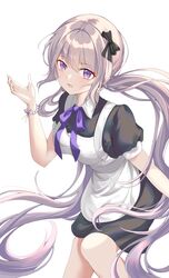  1girl absurdres black_bow bow bracelet dress eyebrows_visible_through_hair eyelashes grey_hair hair_between_eyes hair_bow highres hynleiu jewelry light_particles long_hair maid open_mouth original pearl_bracelet pinafore_dress puffy_sleeves purple_bow purple_neckwear shiny shiny_hair simple_background solo twintails very_long_hair violet_eyes white_background 