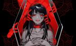  1girl artist_name bangs black_hair black_nails coffin collar collarbone eye_(vocaloid) eyelashes hands_clasped hands_over_breasts highres interlocked_fingers limited_palette open_mouth own_hands_together red_theme rina_(crystalrina) solo tattoo teeth vocaloid 
