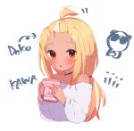  1girl :o arrow_(symbol) bangs_pinned_back black_choker blonde_hair blush choker cropped_torso crossed_arms cup forehead highres holding holding_cup hololive kintsuba_(shiranui_flare) long_sleeves looking_at_viewer mug multicolored_hair off-shoulder_shirt off_shoulder parted_lips pointy_ears red_eyes romaji_text sasaki_(glass1138) shiranui_flare shirt simple_background streaked_hair tan translation_request upper_body virtual_youtuber white_background white_hair white_shirt 