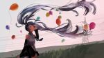  1girl absurdres balloon black_skirt black_sleeves blue_hair commentary_request cowboy_shot detached_sleeves dusk grass grey_shirt hatsune_miku highres long_hair long_sleeves outdoors parted_lips pink_sky power_lines shirt shiyomifu skirt sleeveless sleeveless_shirt solo sunset transmission_tower twintails very_long_hair vocaloid 