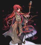  1girl absurdres black_background black_legwear black_shirt black_skirt breasts brown_coat coat eyepatch falling_petals hero_cantare highres holding holding_weapon hwa_ryun leenim long_coat long_hair looking_at_viewer official_art one_eye_covered parted_lips petals red_eyes redhead shirt skirt solo tower_of_god very_long_hair weapon 