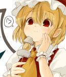  1girl \||/ ascot bangs blonde_hair blush closed_mouth commentary_request crystal eyebrows_visible_through_hair flandre_scarlet food frilled_shirt_collar frills hair_between_eyes hand_on_own_cheek hand_on_own_face hat heart holding holding_stick mob_cap oden red_eyes short_hair smile solo spoken_heart stick touhou upper_body wings yamabukiiro_(browncat) yellow_ascot 