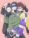  1girl 3boys :d akimichi_chouji anger_vein armpits bandages bangs black_eyes black_hair blonde_hair brown_hair closed_eyes closed_mouth earrings facial_hair food forehead forehead_protector grin highres holding jewelry long_hair long_sleeves multiple_boys nara_shikamaru naruto_(series) naruto_shippuuden navel open_mouth pink_background pinoko_(pnk623) ponytail sarutobi_asuma short_hair simple_background sleeveless smile stubble teeth v-shaped_eyebrows vest white_sleeves yamanaka_ino 