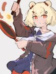  1girl :o animal_ears arknights asususususu bangs bear_ears blonde_hair brown_jacket dress egg food frying_pan grey_background gummy_(arknights) hair_ornament hair_ribbon hairpin highres holding holding_frying_pan holding_spatula jacket long_sleeves open_mouth orange_eyes orange_pants pants purple_dress ribbon sausage short_hair simple_background solo spatula v-shaped_eyebrows 