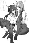  2girls ? absurdres arknights arm_support bare_arms between_legs ch&#039;en_(arknights) closed_mouth collared_shirt dragon_horns eyebrows_visible_through_hair greyscale hand_on_another&#039;s_face highres horns hoshiguma_(arknights) long_hair monochrome multiple_girls na_tarapisu153 oni_horns pants parted_lips ponytail shirt single_horn sitting sleeveless sleeveless_shirt smile socks spoken_question_mark thigh-highs thought_bubble yuri 