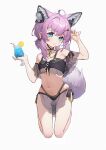  1girl absurdres ahoge animal_ears arknights ass_visible_through_thighs bikini black_bikini blue_eyes chinese_commentary collarbone commentary_request cup drink drinking_straw extra_ears flat_chest food fox_ears fox_girl fox_tail fruit hand_up headphones highres holding holding_cup holding_drink jewelry legs_up lemon lemon_slice looking_at_viewer lushi_jin_up navel necklace official_alternate_costume pink_hair short_hair short_twintails sidelocks simple_background smile solo stomach sussurro_(arknights) sussurro_(summer_flowers)_(arknights) swimsuit tail twintails white_background 