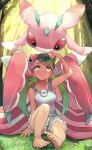  1girl 1other absurdres arm_up barefoot closed_mouth creature crying dark-skinned_female dark_skin feet flower forest gen_7_pokemon grass green_hair hair_flower hair_ornament highres long_hair looking_at_viewer lurantis mallow_(pokemon) nature on_floor orr_(kkkkbbbbc) outdoors overalls pokemon sitting smile tears toes tree twintails 