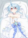  1girl ahoge blue_hair dress elbow_gloves gloves highres long_hair looking_at_viewer lying neptune_(series) on_back on_bed paid_reward_available power_symbol red_eyes short_hair_with_long_locks solo symbol-shaped_pupils white_dress white_gloves white_heart zatsu 