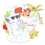  ;d alolan_form alolan_vulpix brown_eyes clouds commentary_request day drinking_straw flag flower gen_1_pokemon gen_7_pokemon glass heart heart-shaped_eyewear highres liquid nao_(naaa_195) no_humans one_eye_closed open_mouth outdoors palm_tree pokemon pokemon_(creature) red_flower sky smile sparkle sunglasses surfboard surfing tongue tree vulpix waving 