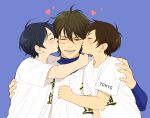  3boys ace_of_diamond black_hair blush brown_eyes brown_hair child closed_eyes double_cheek_kiss furuya_satoru heart highres hug kiss kissing_cheek male_focus miyuki_kazuya multiple_boys one_eye_closed open_mouth sawamura_eijun shirt short_hair smile teeth twoframe upper_body visor white_shirt 