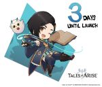  1girl bird black_hair book boots brown_eyes chibi copyright copyright_name countdown english_text fururu_(tales) logo looking_at_viewer magic official_art open_book owl rinwell_(tales) smile solo tales_of_(series) tales_of_arise thigh-highs 