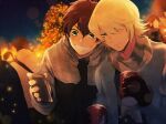  2boys ace_of_diamond blonde_hair blue_eyes blush brown_hair christmas christmas_tree closed_mouth cup drink gloves hair_between_eyes holding holding_cup holding_phone jacket male_focus mamenoco multiple_boys night okumura_koushuu outdoors people phone sawamura_eijun scarf shirt short_hair smile teeth 