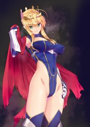  1girl artoria_pendragon_(fate) artoria_pendragon_(lancer)_(fate) blonde_hair blue_gloves blue_legwear blue_leotard braid breasts covered_navel cowboy_shot crown fate/grand_order fate_(series) french_braid gloves groin highleg highleg_leotard kirishima_satoshi lancelot_(fate/grand_order) large_breasts leotard looking_at_viewer short_hair sidelocks smile solo 