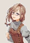  1girl :d arm_belt blue_eyes braid brown_hair dot_nose glasses granblue_fantasy grey-framed_eyewear grey_background grey_shirt gwynne_(granblue_fantasy) hand_up highres juliet_sleeves long_sleeves looking_at_viewer open_mouth outline peli_can_p puffy_sleeves semi-rimless_eyewear shirt simple_background smile solo under-rim_eyewear upper_body upper_teeth white_outline 