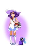  1girl :3 acerola_(pokemon) alternate_costume bag bangs bare_shoulders blue_footwear blush bright_pupils closed_mouth collarbone commentary_request cosmog cosmog_(cosplay) cosplay dress duffel_bag flat_chest full_body gen_7_pokemon gradient gradient_background half-closed_eyes hand_up happy hat kneehighs legendary_pokemon lillie_(pokemon) lillie_(pokemon)_(cosplay) looking_at_viewer mimikyu pigeon-toed pokemon pokemon_(creature) pokemon_(game) pokemon_sm purple_background purple_hair see-through shoes short_dress short_hair shoulder_bag sidelocks simple_background sleeveless sleeveless_dress smile solo_focus standing sun_hat tensama_(ten2009) two-tone_background violet_eyes white_background white_dress white_headwear white_legwear white_pupils 
