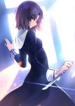  1girl absurdres black_dress blue_eyes breasts brown_hair closed_mouth dress highres holding holding_knife kara_no_kyoukai knife long_dress long_sleeves looking_to_the_side medium_hair nun okakasushi profile ryougi_shiki small_breasts solo standing 