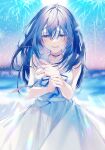  1girl artist_name bare_shoulders black_choker blue_ribbon blue_sky blurry blurry_background bow car choker crying crying_with_eyes_open dark_blue_hair dress eyebrows_visible_through_hair fireworks ground_vehicle hair_between_eyes hand_on_own_chest highres long_hair looking_at_viewer motor_vehicle open_mouth original oshio_(dayo) ribbon sky solo tears white_dress 