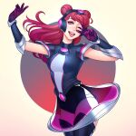  1girl arm_up armor bangs black_gloves black_leotard blue_background boots breasts cowboy_shot double_bun dress floating_hair gloves gradient_hair hand_up headgear large_breasts league_of_legends leotard long_hair looking_at_viewer lux_(league_of_legends) multicolored_hair one_eye_closed open_mouth pink_eyes purple_gloves redhead see-through shiny shoulder_armor smile solo space_groove_lux thigh-highs thigh_boots tongue tongue_out tsuaii upper_teeth v white_background white_leotard 