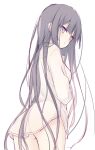  1girl ass bangs black_hair breasts collared_shirt eyebrows_visible_through_hair grey_eyes highres humuyun long_sleeves looking_at_viewer looking_back naked_shirt original parted_lips shirt simple_background small_breasts solo white_background white_shirt 