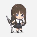  1girl bayonet black_gloves black_neckwear black_skirt blue_eyes brown_hair chibi full_body genso gloves grey_background gun holding holding_weapon long_hair necktie original rifle shirt shirt_tucked_in short_sleeves simple_background skirt solo weapon white_shirt 