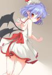  1girl absurdres bat_wings blush closed_mouth dress ei_tantan eyebrows_visible_through_hair feet_out_of_frame hair_between_eyes hat highres mob_cap pointy_ears purple_hair red_eyes remilia_scarlet short_hair sleeveless sleeveless_dress solo touhou white_dress white_headwear wings 