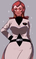  1girl ariana_(pokemon) arm_behind_back belt breasts closed_mouth delta_nonbiri earrings eyelashes from_below grey_background jewelry medium_hair pokemon pokemon_(game) pokemon_hgss red_eyes redhead smile solo sparkle symbol-only_commentary team_rocket team_rocket_uniform twitter_username 