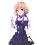  1girl 2_nostg bare_shoulders black_nails blue_dress blue_hair blush bracelet breasts brown_hair choker corset cup dress drinking_glass drinking_straw eyebrows_visible_through_hair holding holding_cup idolmaster idolmaster_cinderella_girls jewelry long_hair looking_at_viewer multicolored_hair ninomiya_asuka off-shoulder_dress off_shoulder open_mouth small_breasts smile solo violet_eyes 
