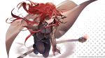  1girl black_legwear black_skirt black_vest breasts brown_coat closed_mouth coat eyepatch hero_cantare hwa_ryun leenim long_coat long_hair medium_breasts official_art one_eye_covered open_clothes open_coat redhead shoes skirt solo squatting tower_of_god very_long_hair vest 